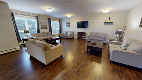 a living room with couches and chairs and a tv